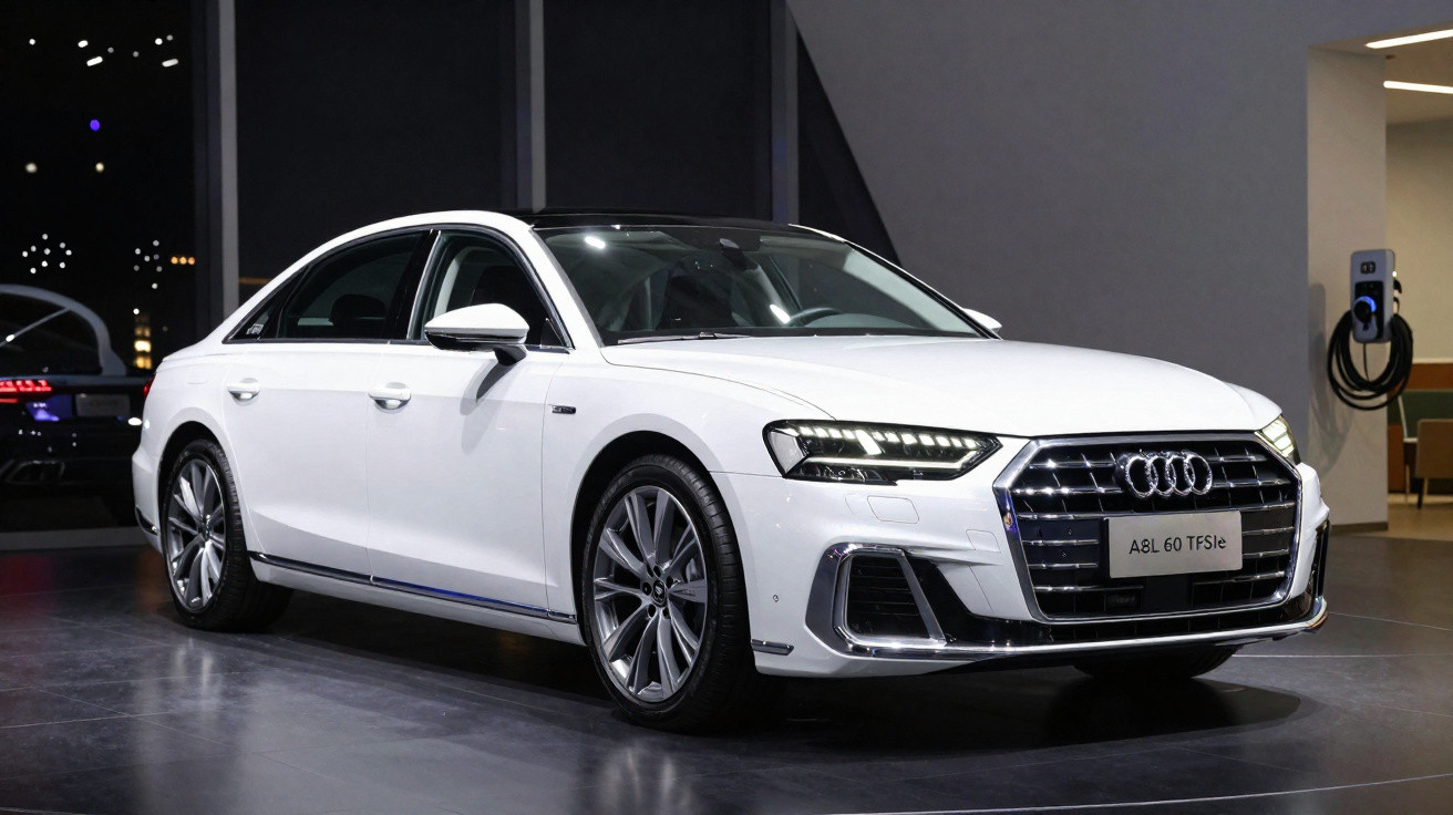 Carro branco Audi A8L 60 TFSIe estacionado em ambiente interno moderno e iluminado.