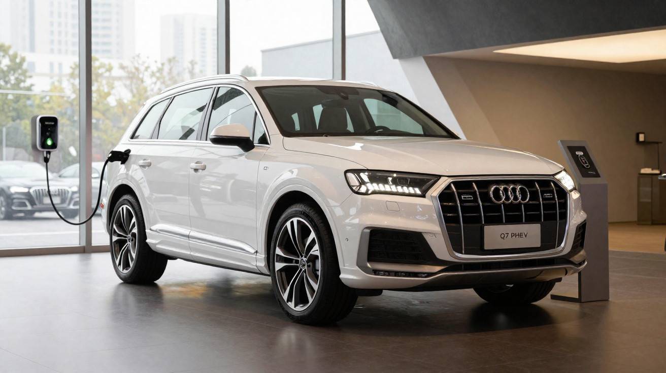 SUV Audi Q7 branco elétrico carregando na tomada em showroom moderno e iluminado