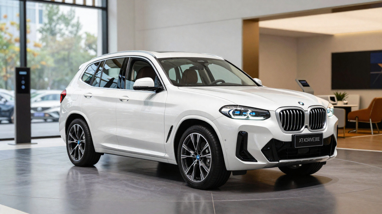 SUV BMW X3 branco em salão de automóveis com piso cinza e ambiente moderno.