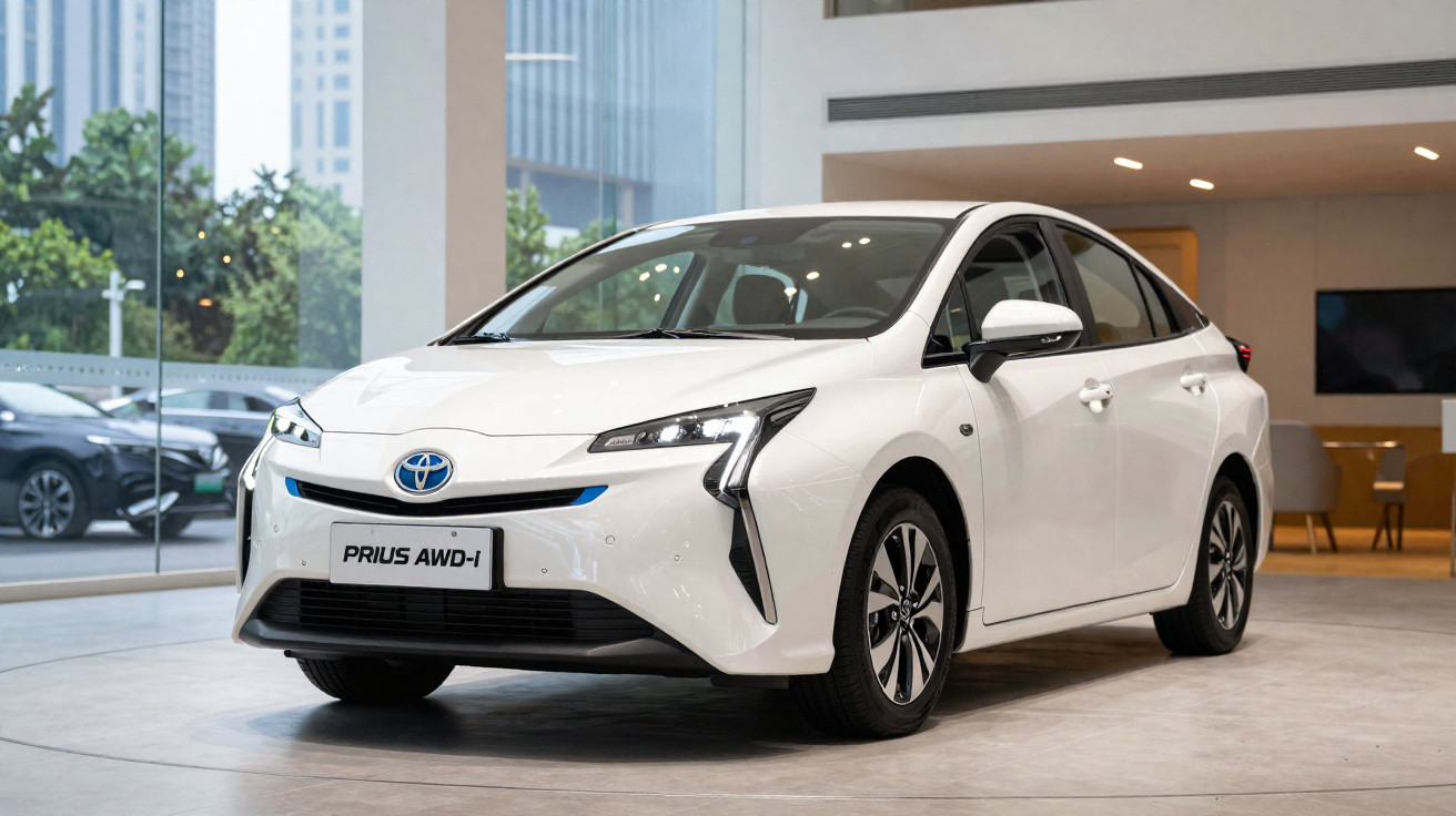 Carro branco Toyota Prius AWD-i exposto em showroom moderno com teto alto e grandes janelas de vidro.