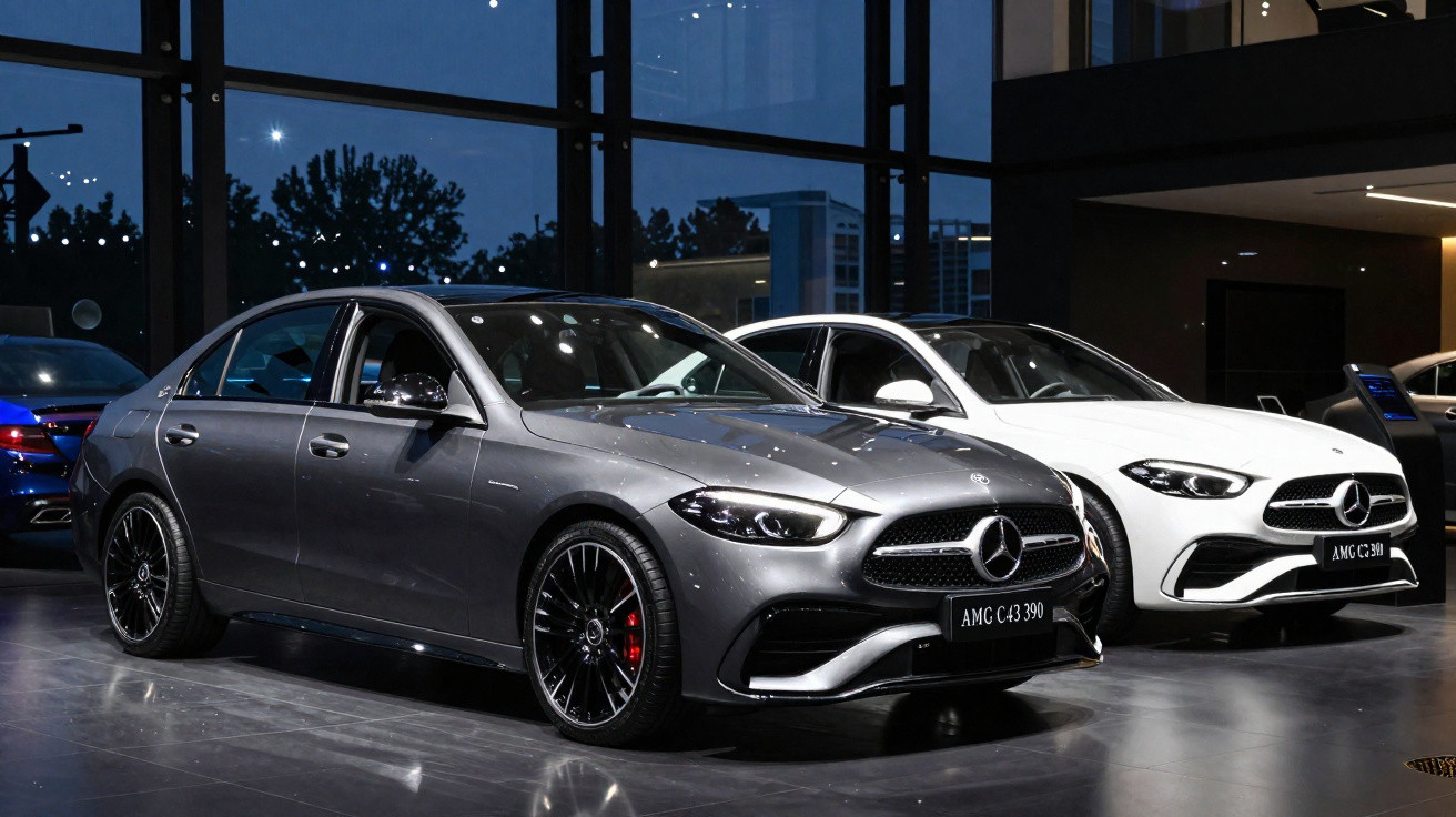 Dois carros Mercedes-Benz AMG C 43 390, um cinza e outro branco, exibidos em showroom moderno à noite.