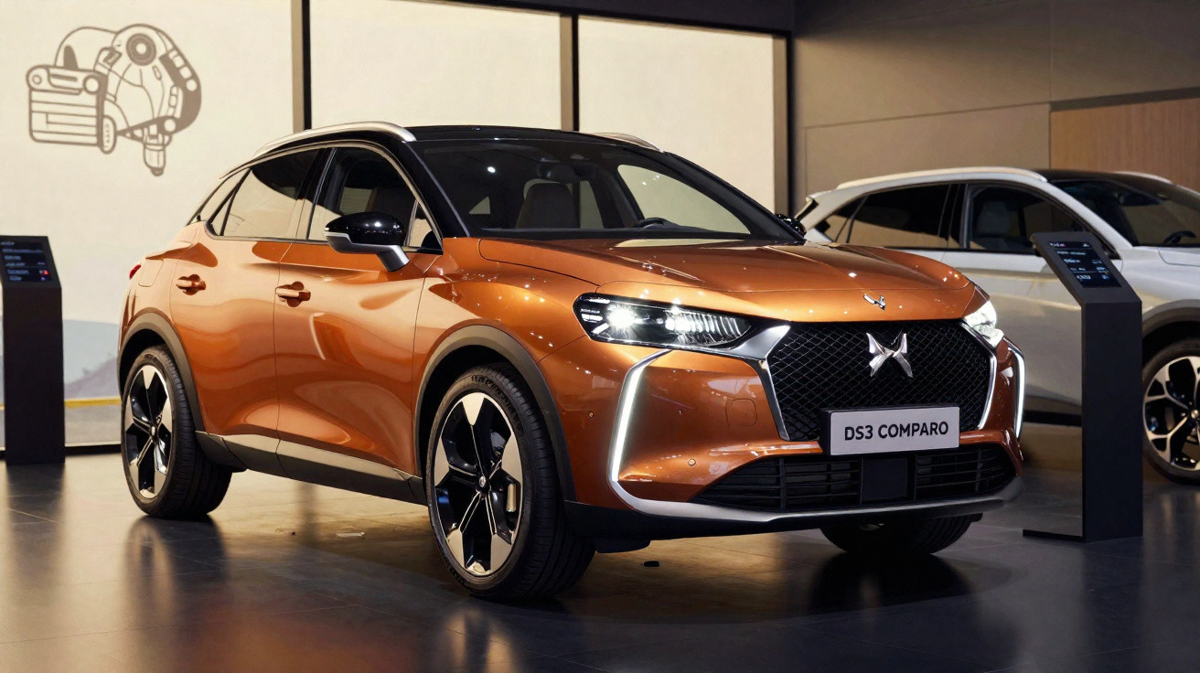 Carro SUV DS3 Comparo na cor bronze com teto preto exposto em showroom moderno.