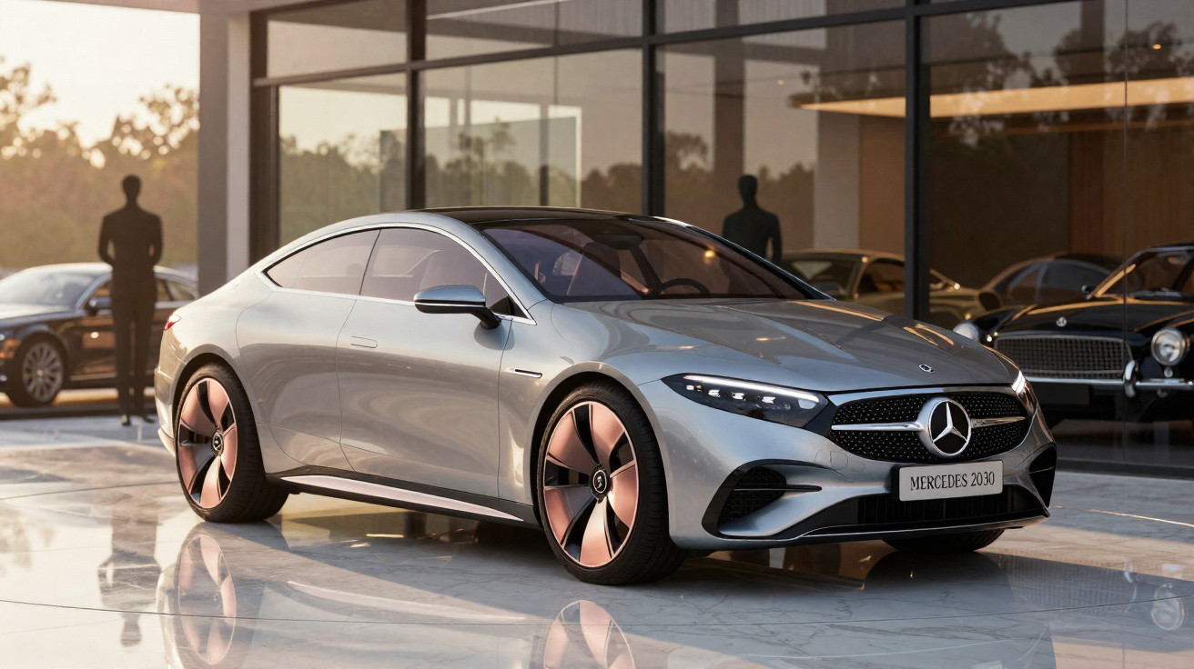 Carro esportivo cinza Mercedes 2030 estacionado em frente a prédio com vidro refletindo o entorno.