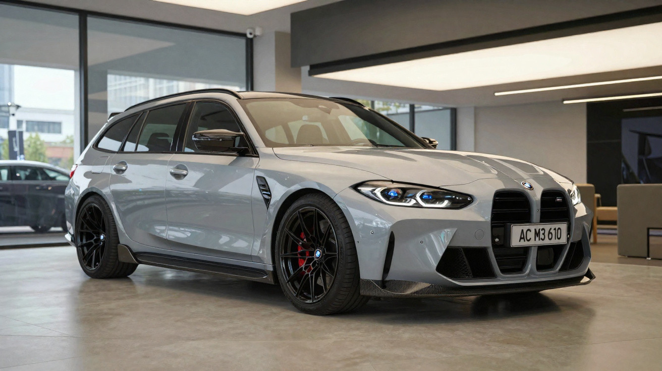 Carro esportivo BMW cinza estacionado em showroom moderno com rodas pretas e faróis acesos.
