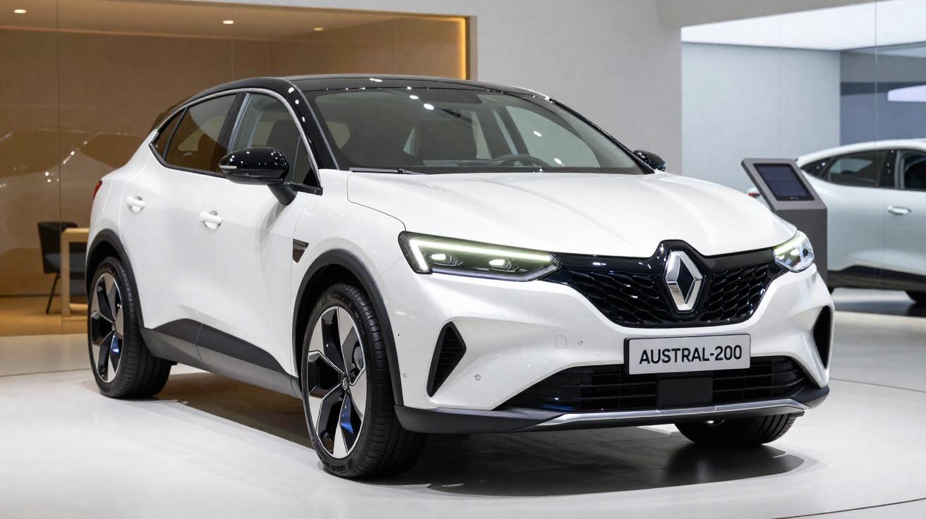 Carro Renault Austral-200 branco em exposição, com design moderno e teto preto.