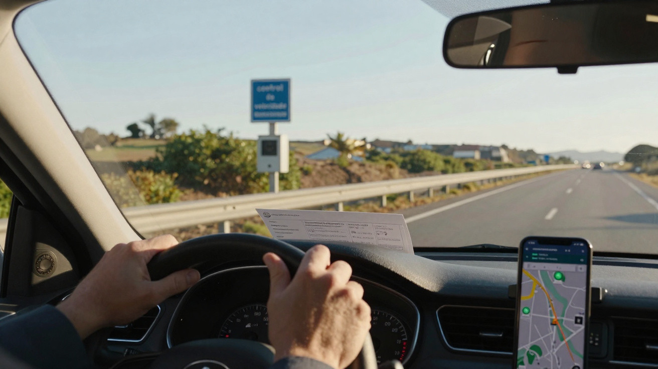 Pessoa dirigindo em estrada com mapas no celular e placa indicando controle de velocidade automático.