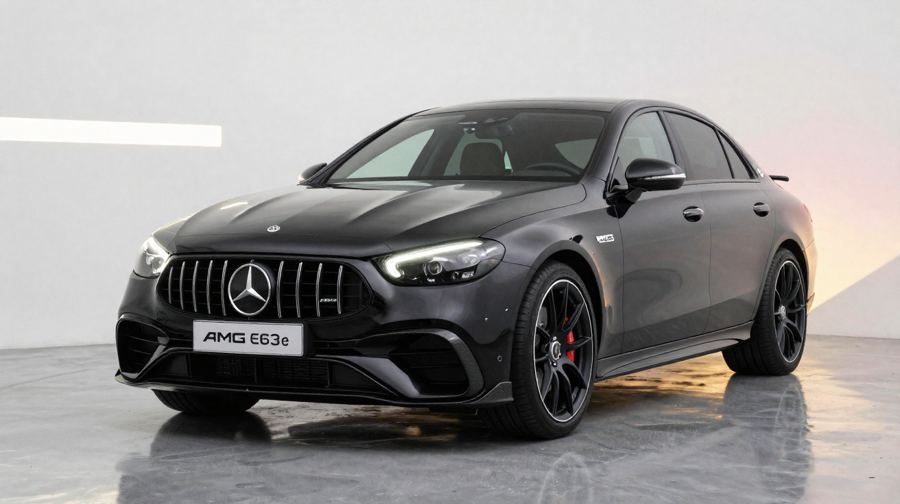 Carro sedan preto Mercedes-Benz AMG E63e estacionado em piso cinza, vista frontal lateral direita.