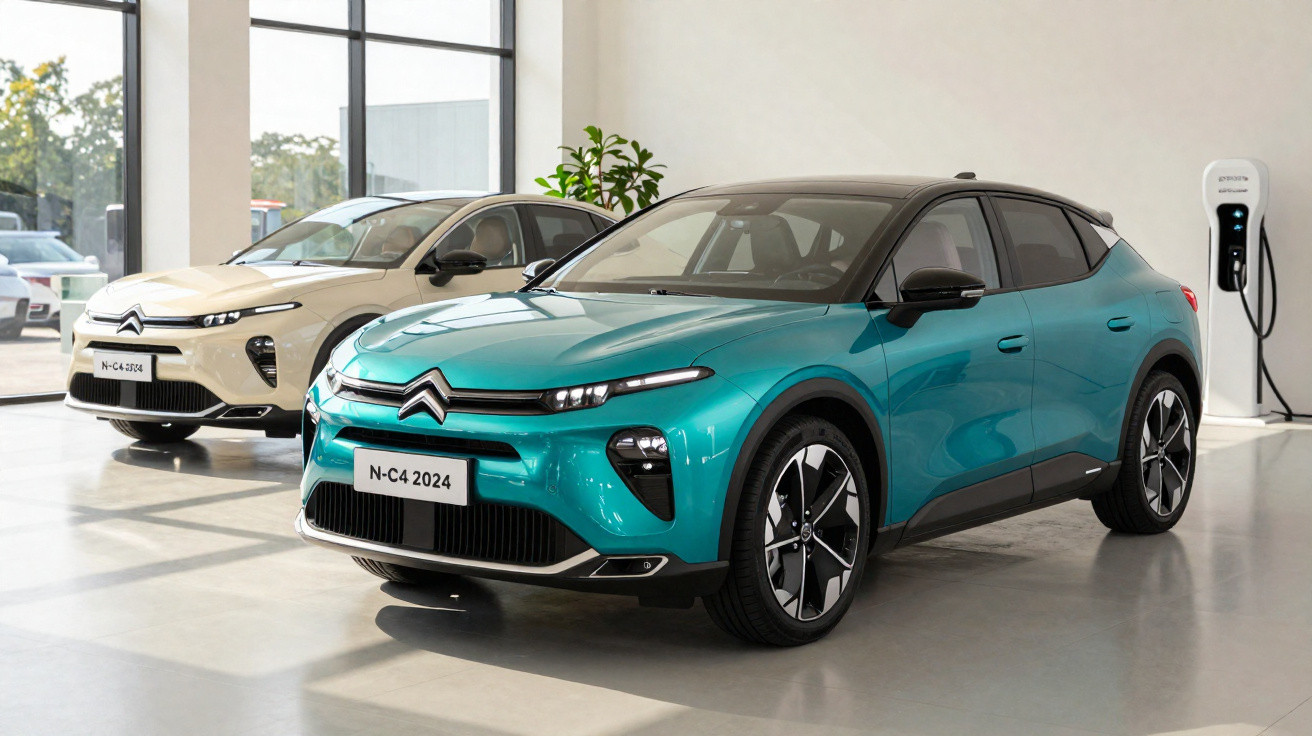 Dois carros Citroën elétricos N-C4 2024, um azul turquesa em destaque e outro branco, em showroom moderno.
