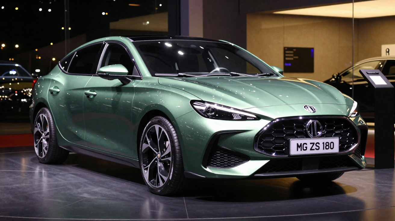 Carro sedan MG ZS 180 verde metálico em exposição com iluminação interna refletida na lataria.