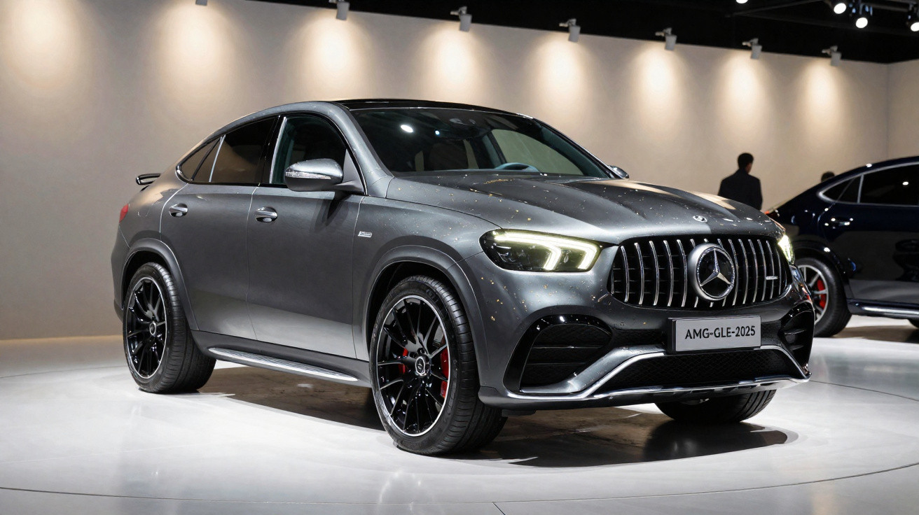 Mercedes-Benz AMG GLE 2025 cinza exibido em estande de exposição automotiva com iluminação ambiente.