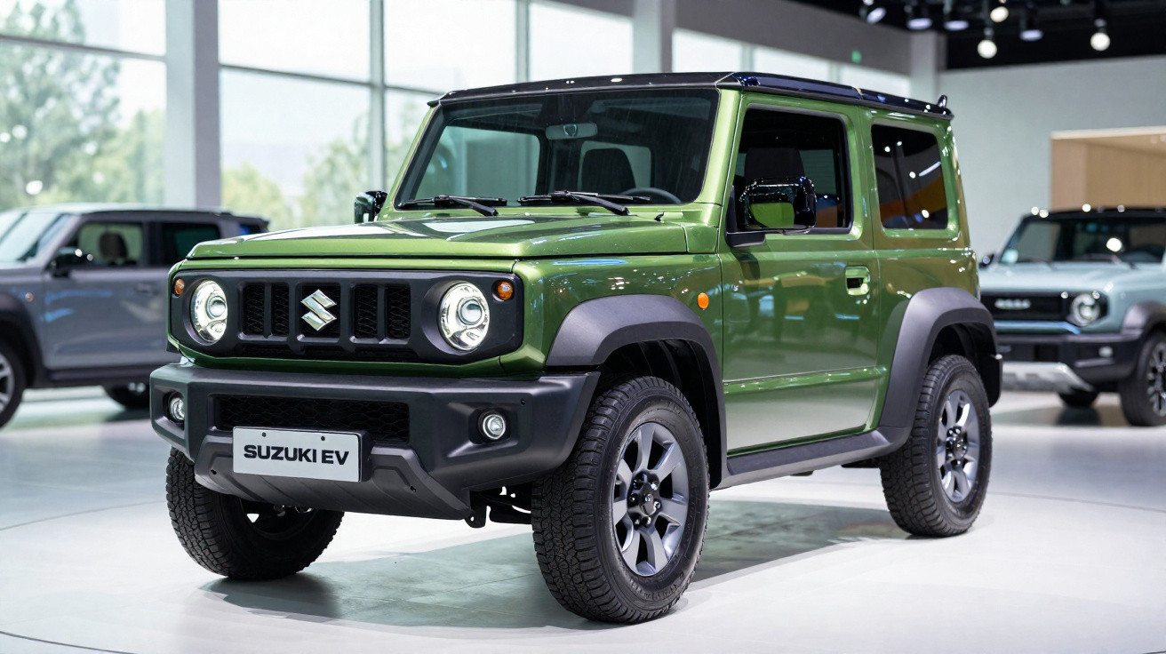 SUV Suzuki EV verde em exposição interna, com design robusto e faróis circulares ligados.