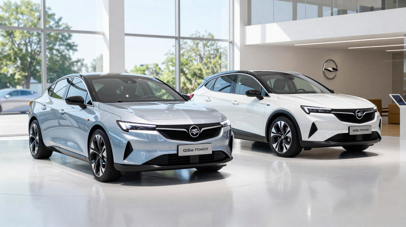 Dois carros elétricos Opel GSe Power em exposição em showroom moderno com grandes janelas.