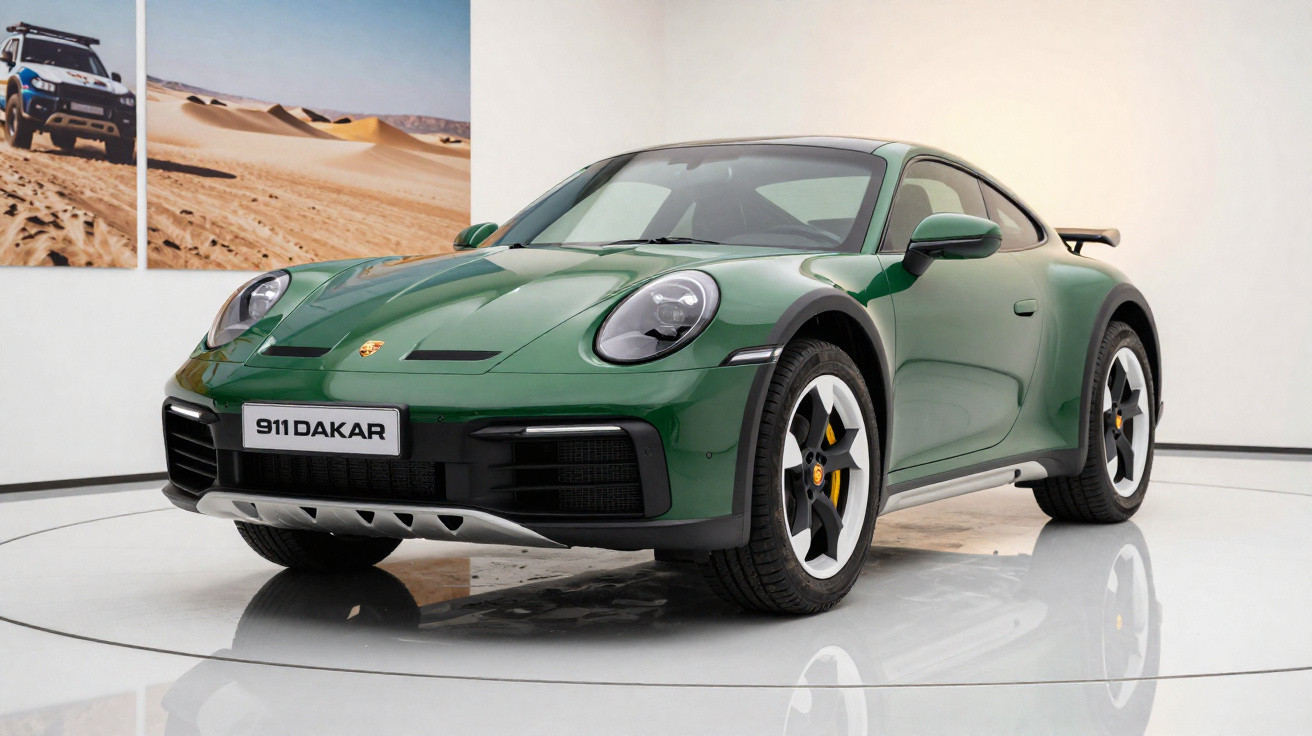 Carro esportivo Porsche 911 Dakar verde em exposição com parede branca ao fundo e quadro de deserto.