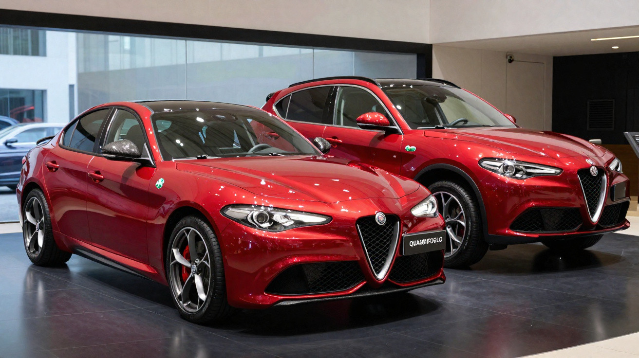 Dois carros sportivos Alfa Romeo vermelhos em exibição em ambiente interno moderno.