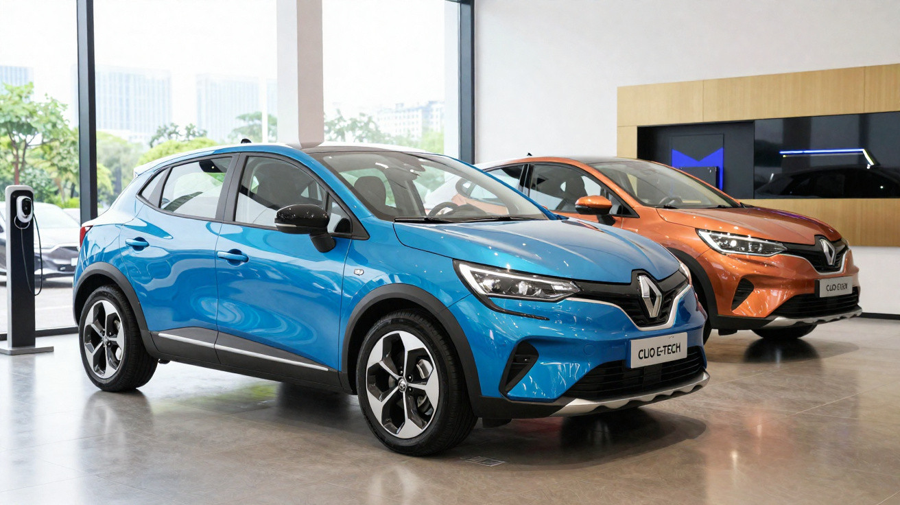 Dois carros Renault Clio E-Tech azul e laranja exibidos em showroom moderno com piso de concreto e grandes janelas.