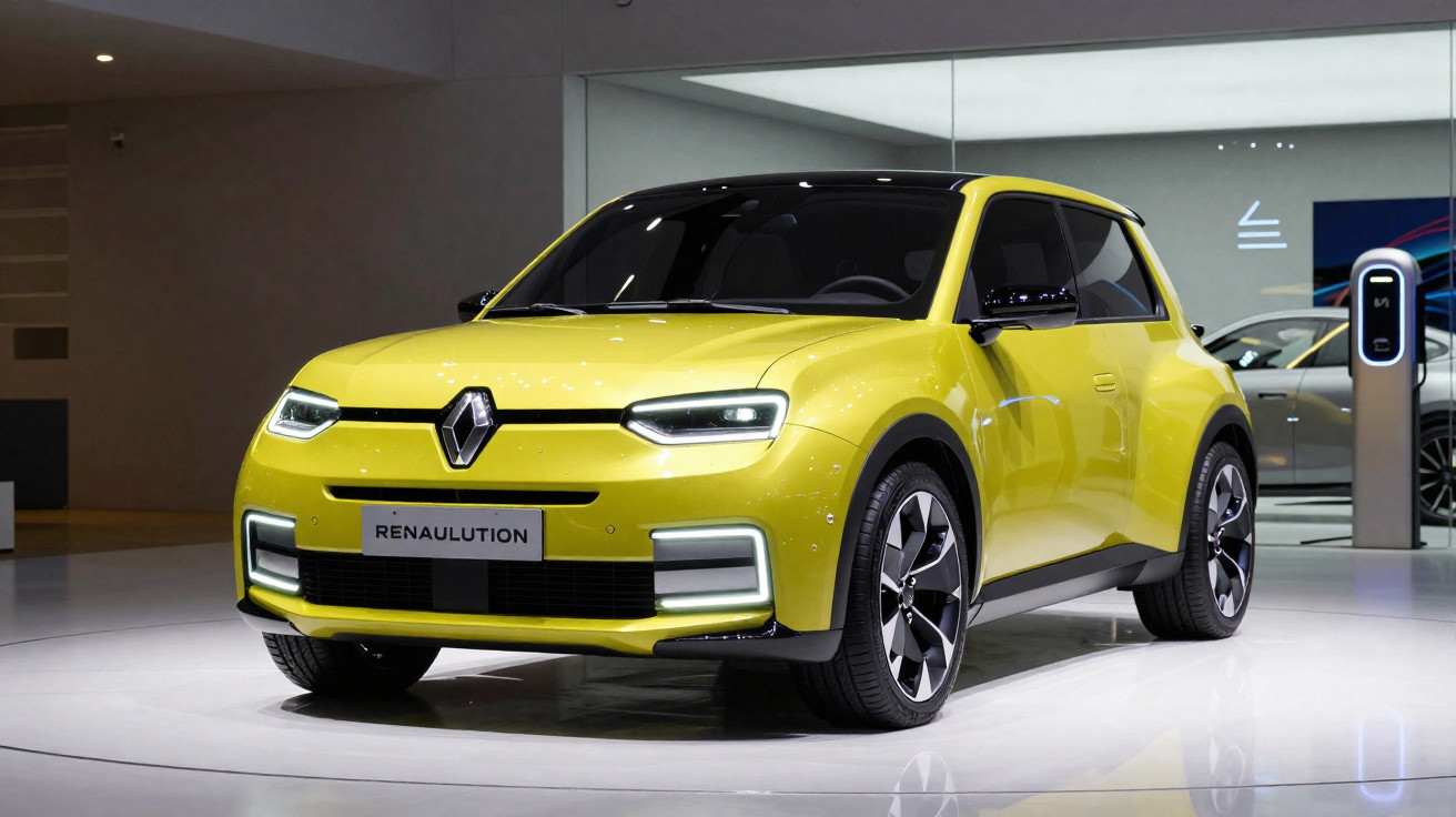 Carro elétrico Renault amarelo em exposição, modelo compacto com design moderno e faróis em LED.
