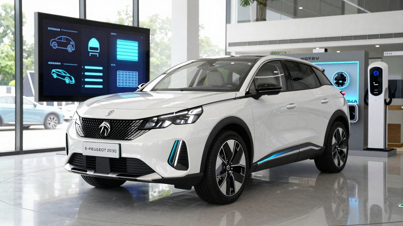 Carro elétrico branco Peugeot E-2030 exibido em showroom moderno com painel digital ao fundo.