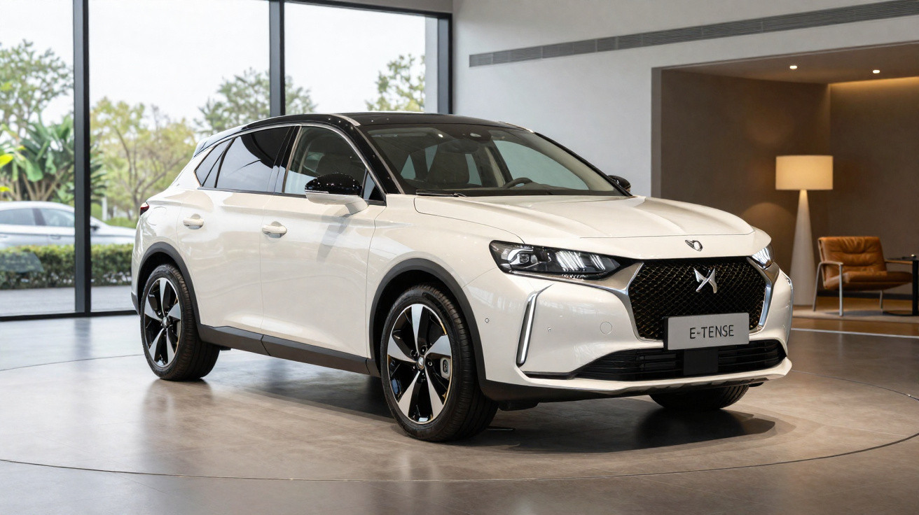 Carro elétrico branco DS E-Tense estacionado em showroom moderno com grandes janelas e decoração minimalista.