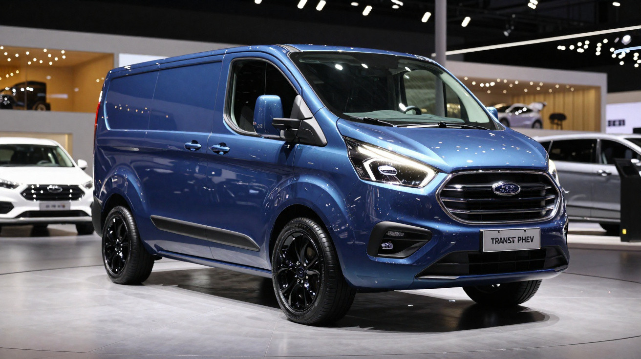Van Ford Transit PHEV azul exposta em salão automotivo com iluminação destacando detalhes do veículo.