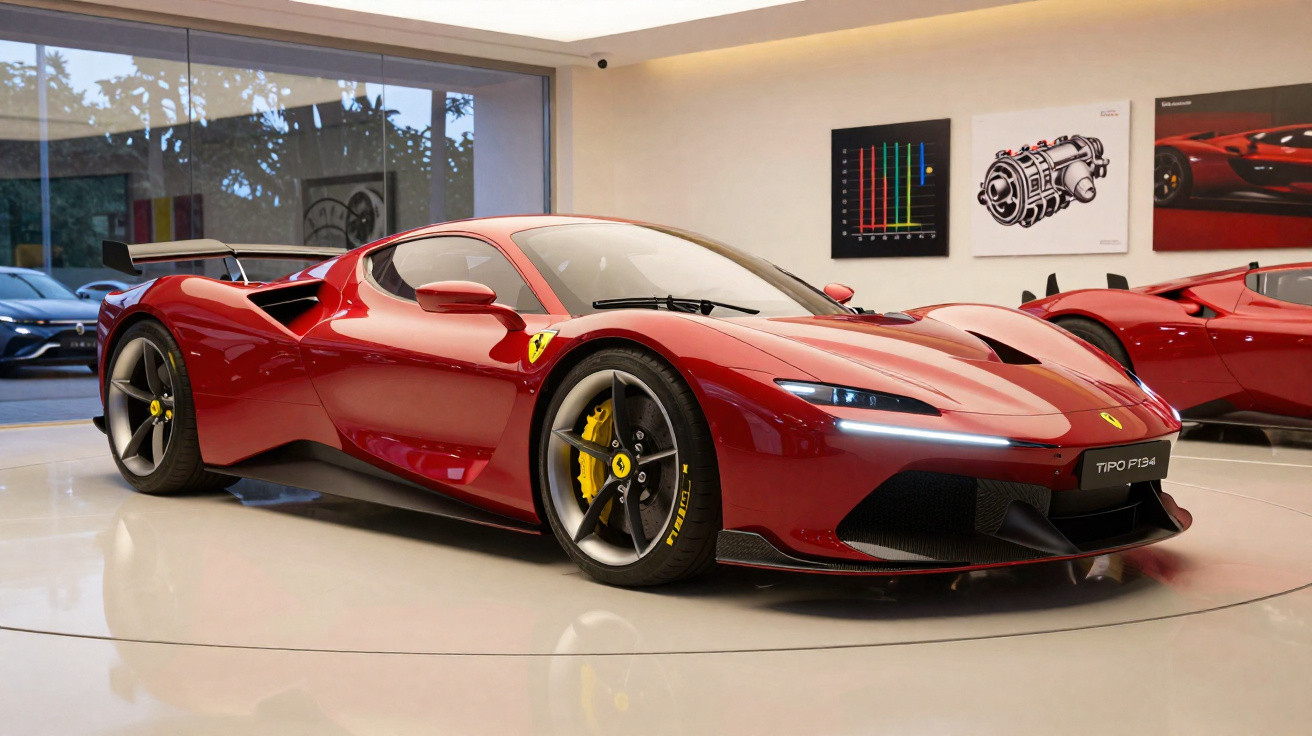 Carro esportivo Ferrari vermelho modelo F134 exibido em showroom moderno com painéis técnicos na parede.