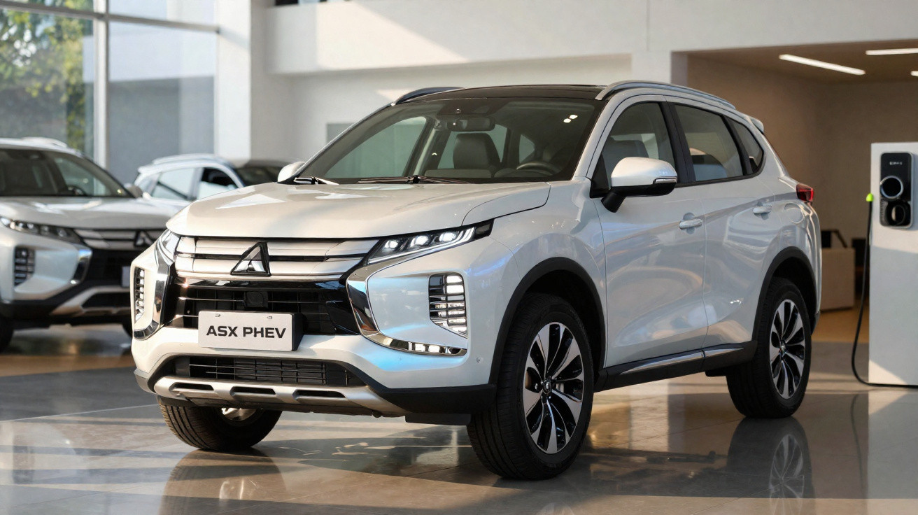 SUV Mitsubishi ASX PHEV branco em showroom moderno com estação de recarga elétrica.