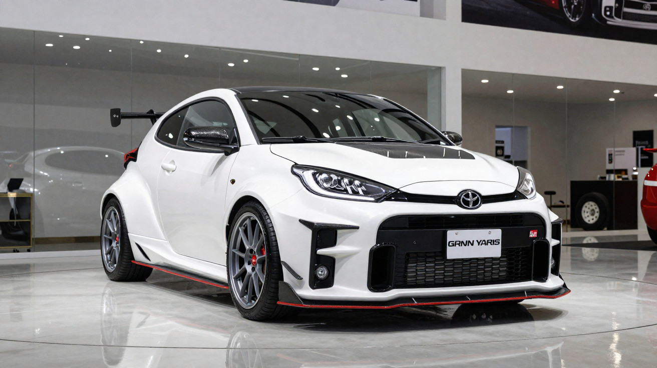 Carro esportivo branco Toyota GR Yaris em exposição interna, com rodas escuras e detalhes em vermelho.