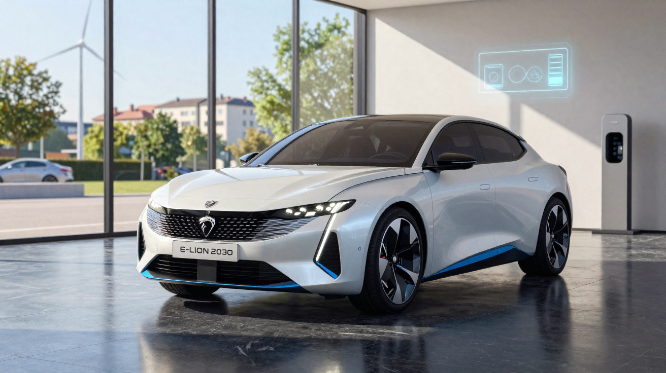 Carro elétrico branco E-Lion 2030 estacionado em ambiente moderno com carregador e janela panorâmica.