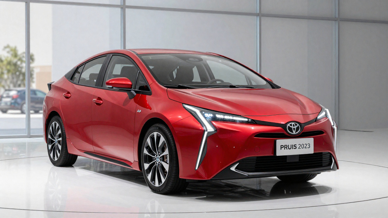 Carro Toyota Prius 2023 vermelho exposto em ambiente interno com iluminação clara e piso branco.