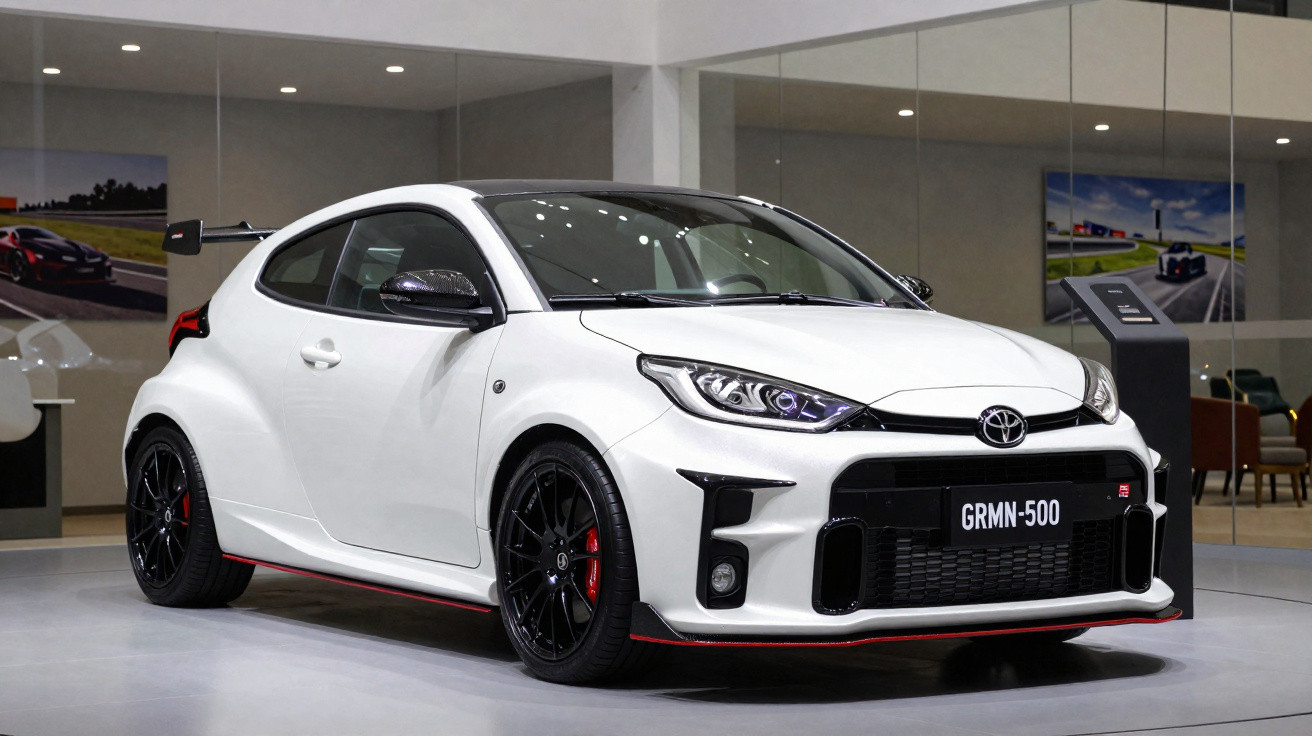 Carro esportivo branco Toyota GRMN-500 exposto em ambiente interno moderno.