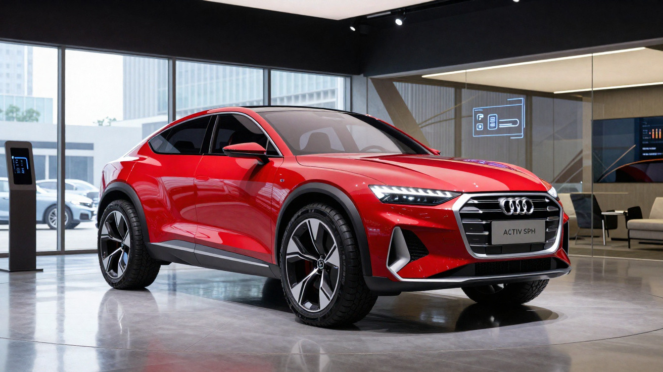 Carro elétrico Audi vermelho modelo Activ SPH em showroom moderno com piso refletivo.