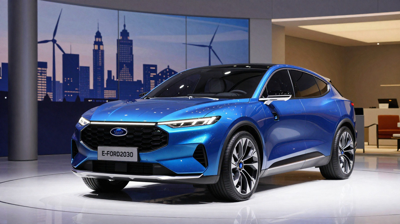 Carro elétrico azul Ford E-Ford2030 exposto em estande com fundo de cidade e turbinas eólicas.