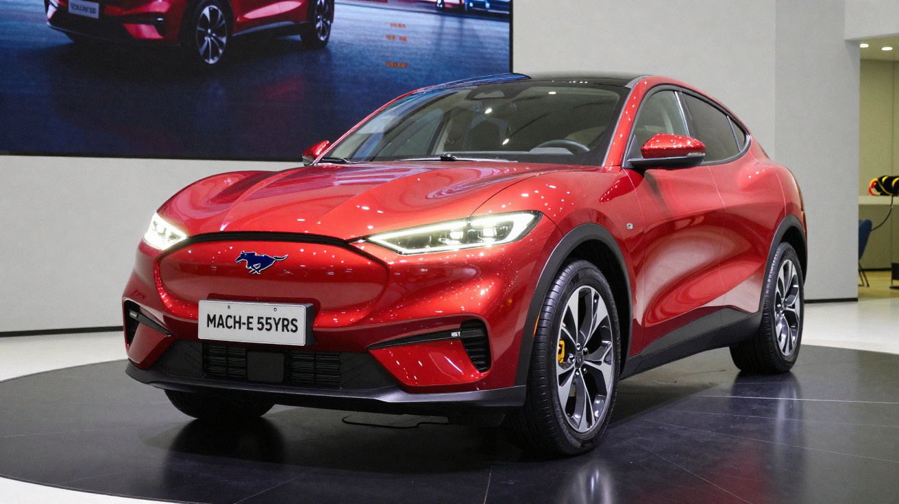 Carro elétrico Ford Mustang Mach-E vermelho em exposição, com faróis acesos e placa frontal personalizada.