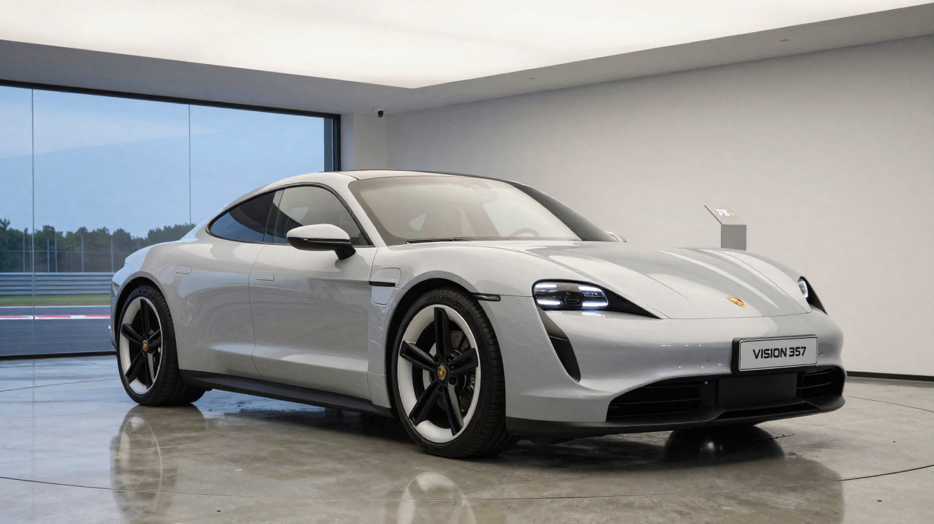 Carro esportivo branco Porsche Vision 357 exposto em showroom moderno com piso espelhado.
