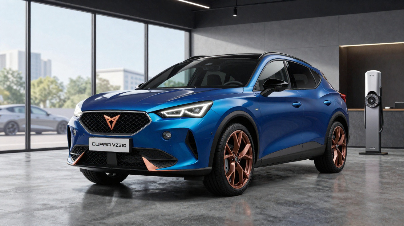 Carro elétrico azul Cupra VZ310 em showroom moderno com tomada de recarga ao fundo.