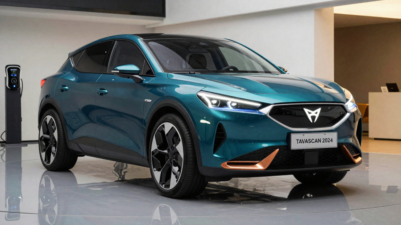 Carro elétrico Cupra Tavascan 2024 azul exibido em showroom, com estação de recarga ao fundo.