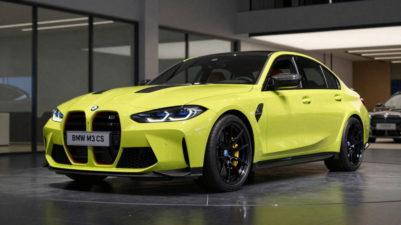 Carro esportivo BMW M3 CS amarelo em exposição, com rodas pretas e detalhes vermelhos na grade frontal.