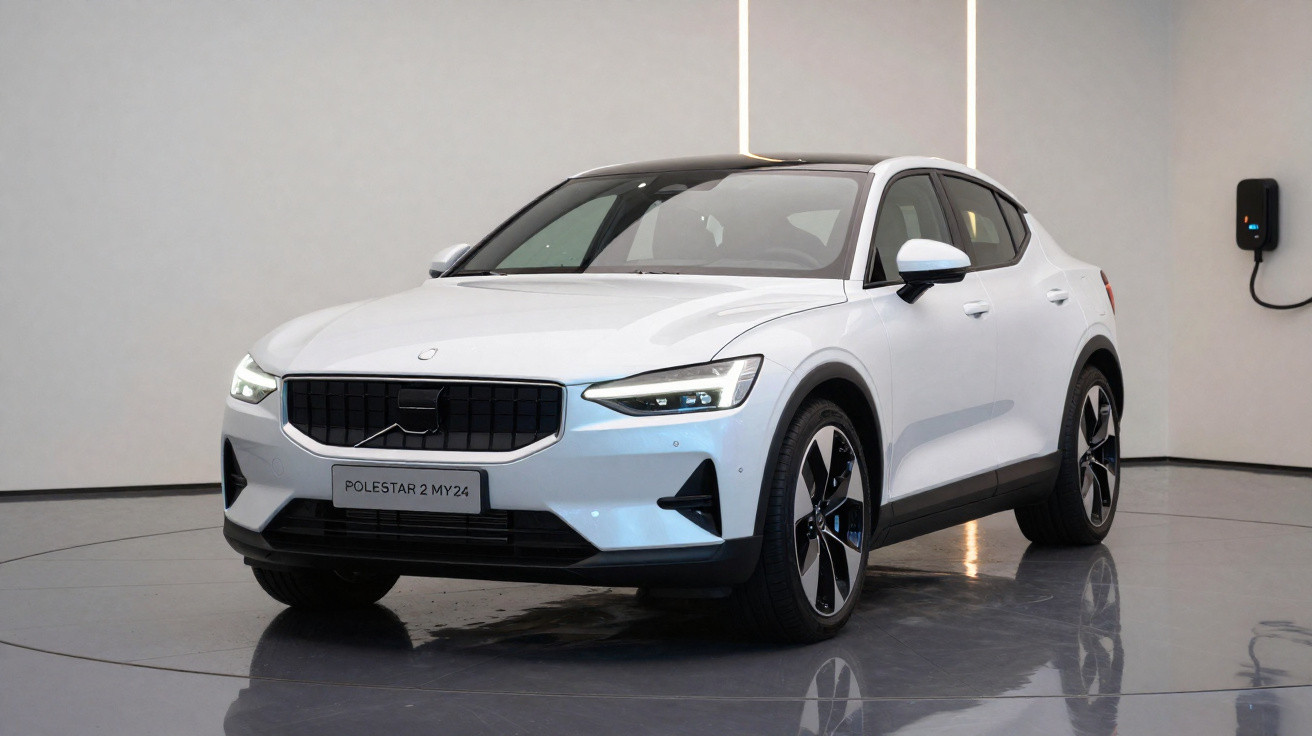 Carro elétrico branco Polestar 2 MY24 estacionado em ambiente interno com carregador na parede.