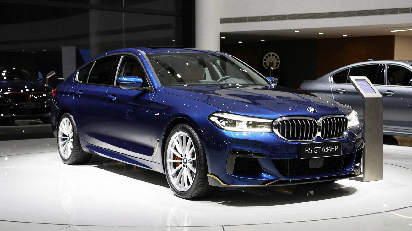 Carro BMW sedã azul metálico em exposição, vista frontal com faróis acesos e rodas prata.