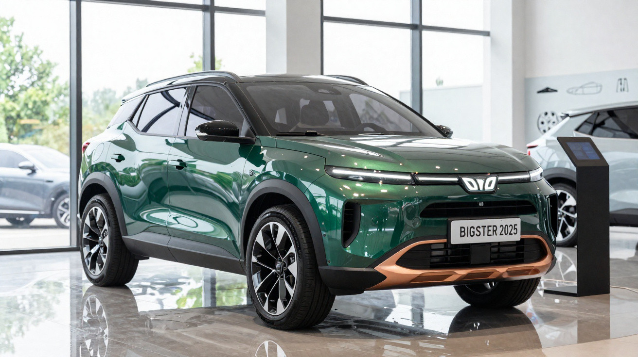 Carro SUV verde metálico Bigster 2025 em exposição dentro de showroom moderno e iluminado.