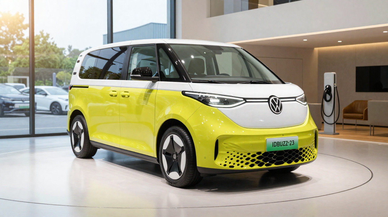 Carro elétrico Volkswagen ID. Buzz amarelo e branco exibido em showroom moderno.
