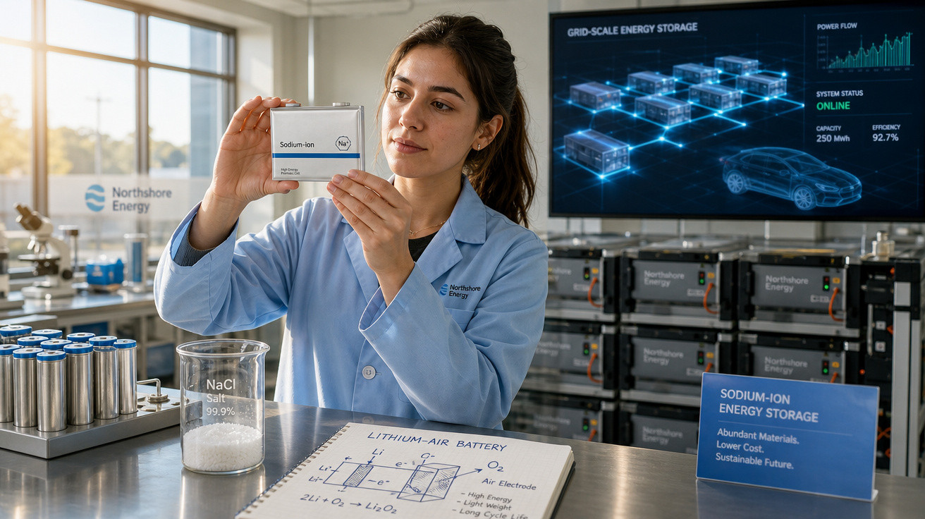 Mulher em laboratório segura caixa de bateria de íon de sódio com equipamentos e gráficos de energia ao fundo.