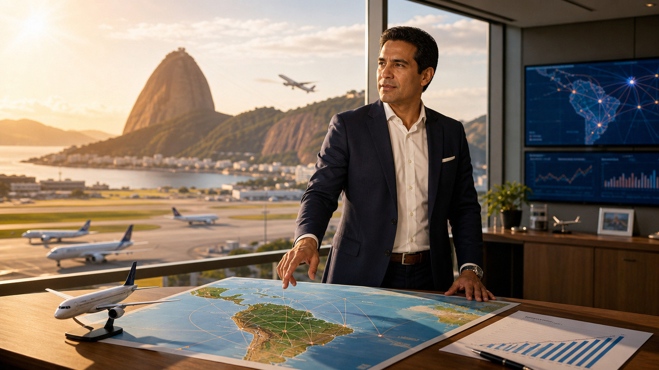 Homem de terno em escritório com mapa da América do Sul e vista do Aeroporto Santos Dumont ao fundo no Rio.