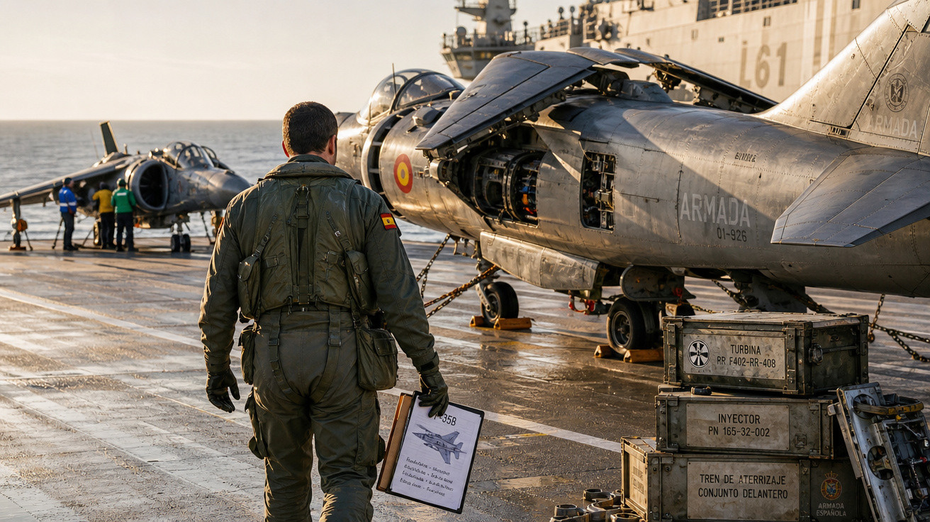 Piloto naval caminha na cubierta de porta-aviões ao lado de caças militares e caixas de equipamentos.
