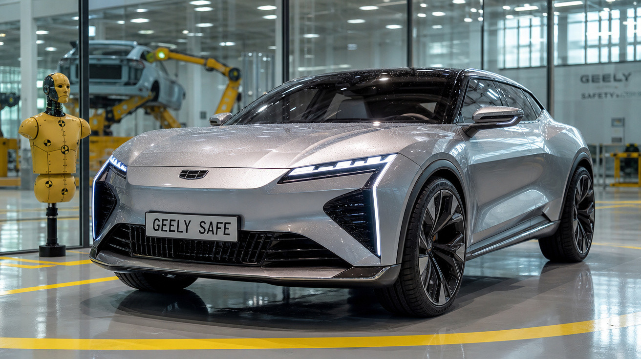 Carro elétrico cinza Geely Safe em showroom com manequim de teste de colisão amarelo ao lado.