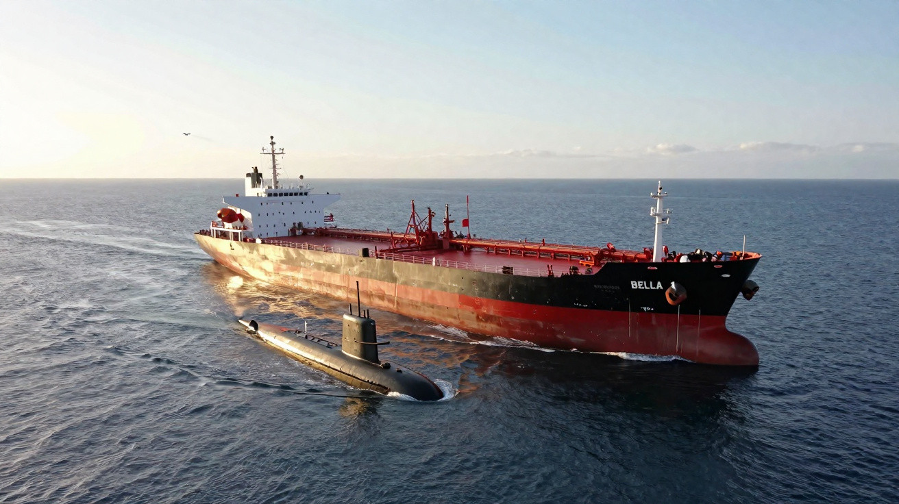 Navio cargueiro e submarino navegando próximos em mar aberto sob céu claro.