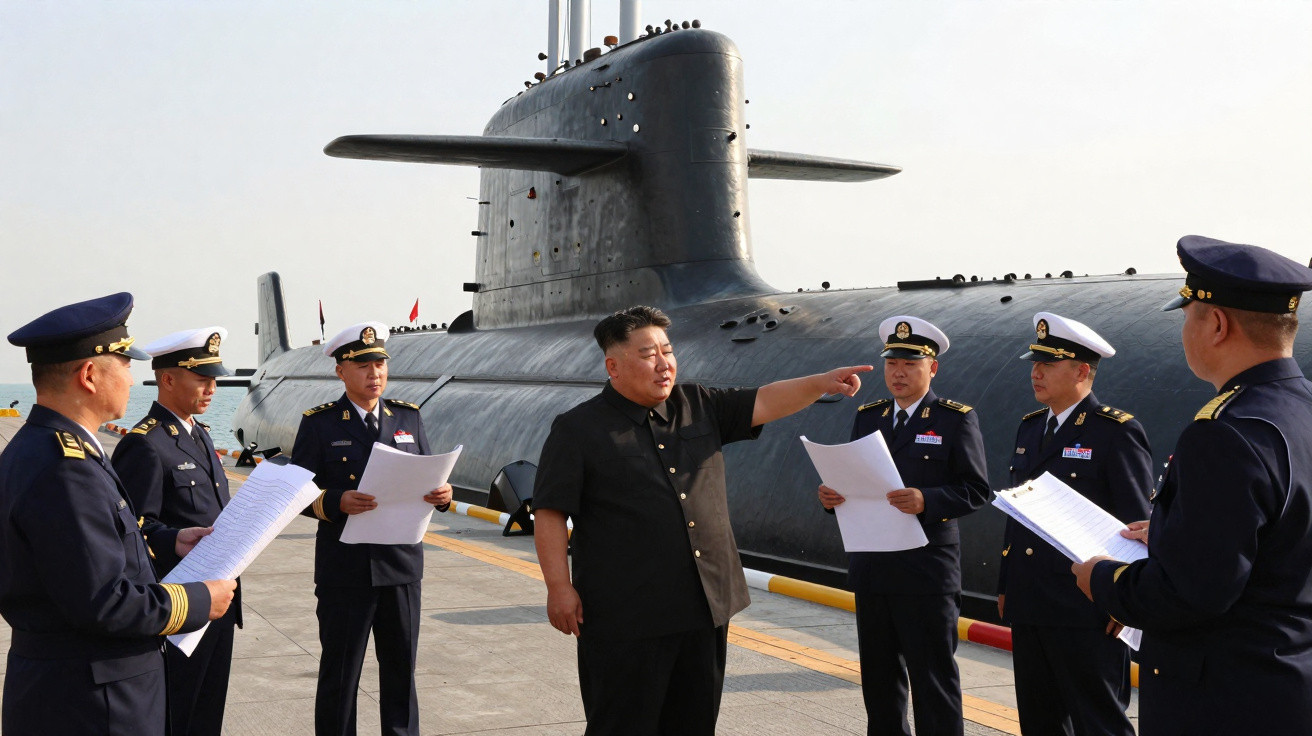 Homem em roupa preta aponta enquanto conversa com militares em frente a um submarino negro na doca.