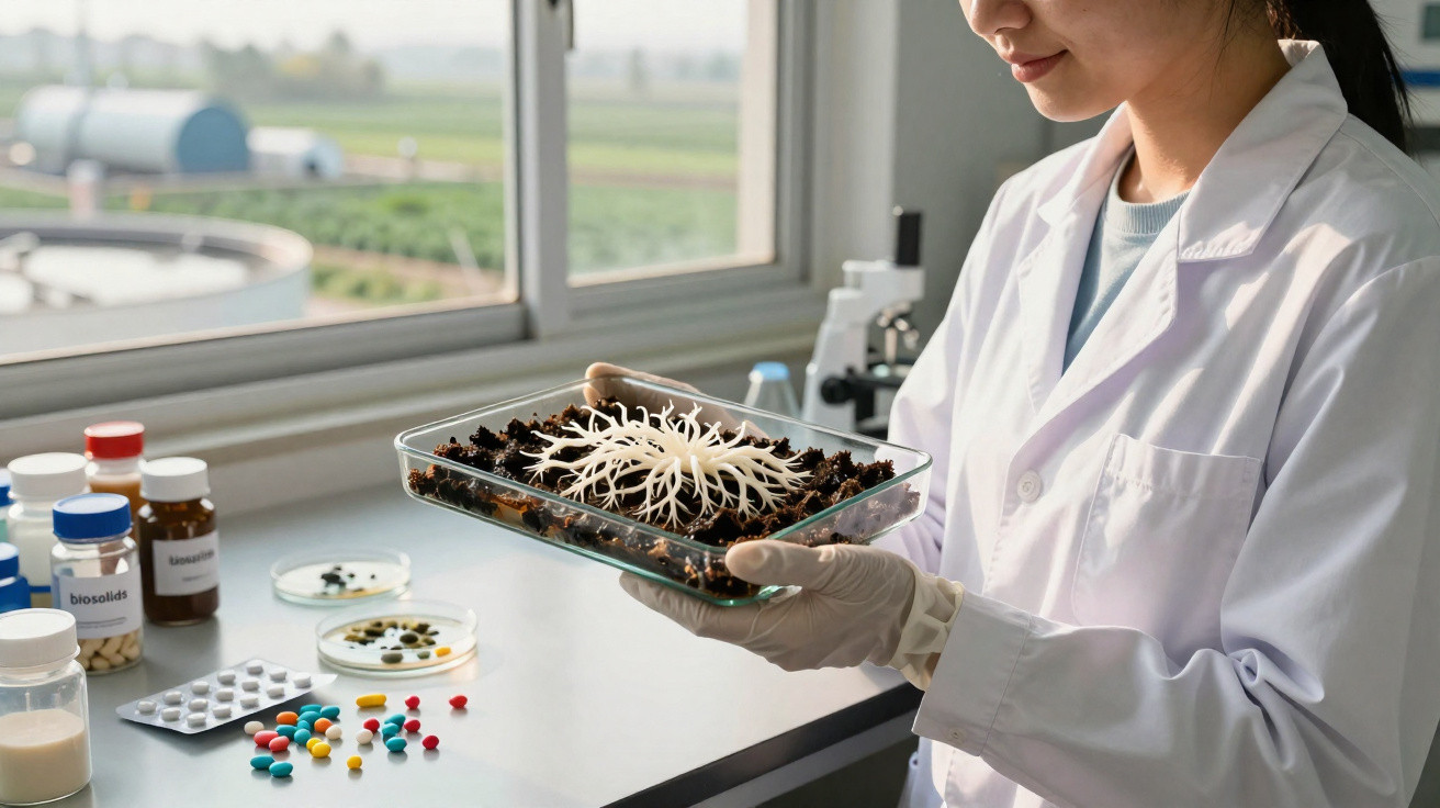 Pesquisadora de jaleco segurando recipiente com planta branca em laboratório, com frascos e remédios na mesa.
