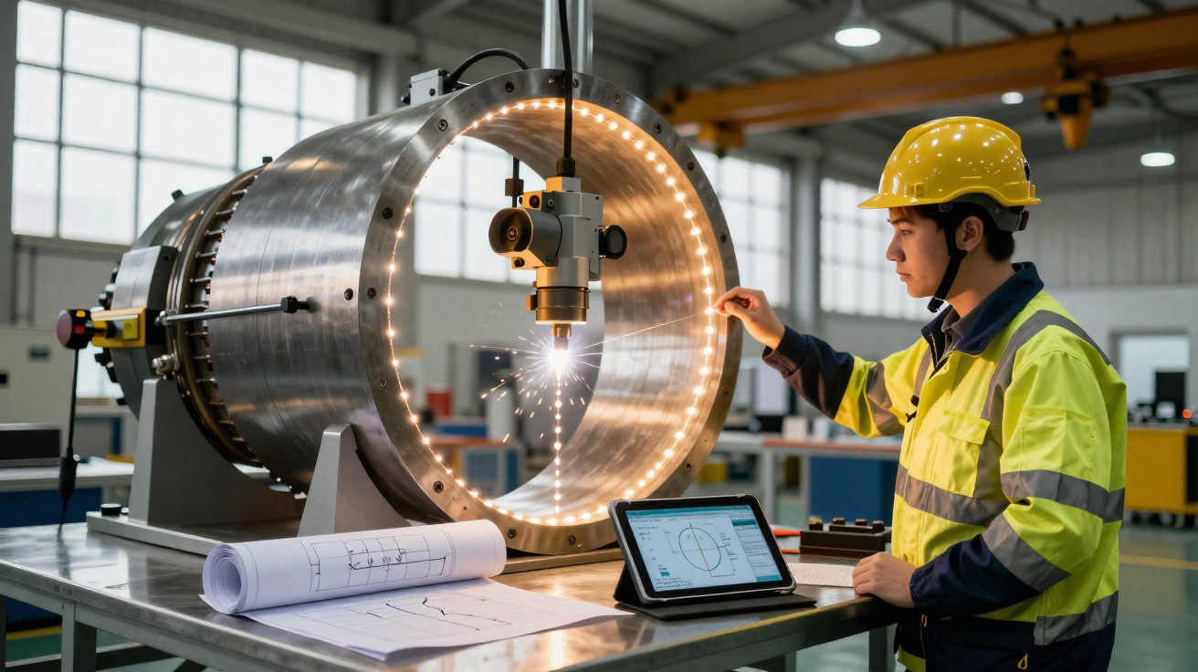 Técnico em colete refletivo e capacete amarelo inspecionando equipamento circular iluminado em fábrica moderna.
