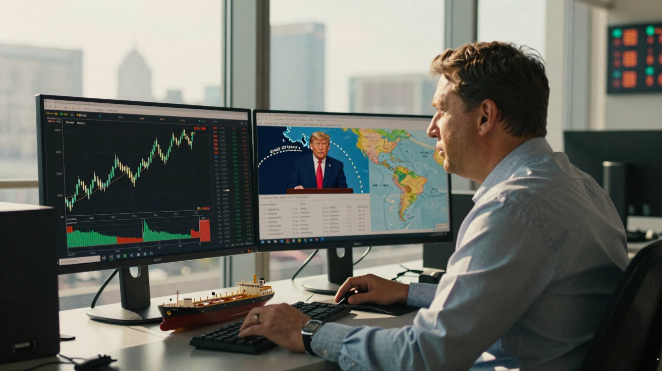 Homem trabalhando no computador com gráficos financeiros e discurso de político na tela.