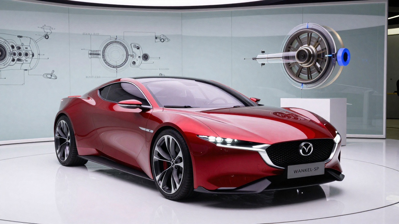 Carro esportivo vermelho Mazda Wankel-SP em exposição com desenho técnico e motor exposto ao fundo.